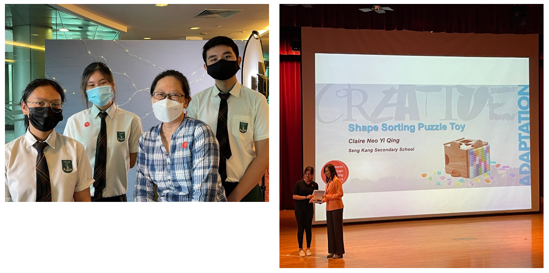 Four masked people posing together, beside a stage presentation slide reading Shape Sorting Puzzle Toy by Seng Kang Secondary School.